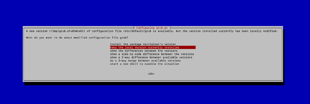 The blue debconf dialog titled "Configuring grub-pc". It says a new version of /etc/default/grub is available but the installed version has been locally modified, and asks what to do. "keep the local version currently installed" is highlighted, above options to install the package maintainer's version, show the differences, or start a shell.